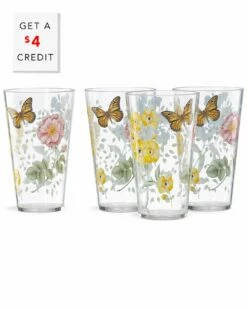 Lenox Butterfly Meadow Acrylic 4Pc Highball Glass Set With $4 Credit Home Drinkware