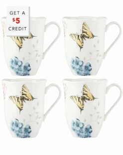 Lenox Butterfly Meadow Hydrangea 4Pc Mug Set With $5 Credit Home Drinkware