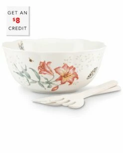 Lenox Butterfly Meadow Salad Bowl & Servers With $8 Credit Home Serveware
